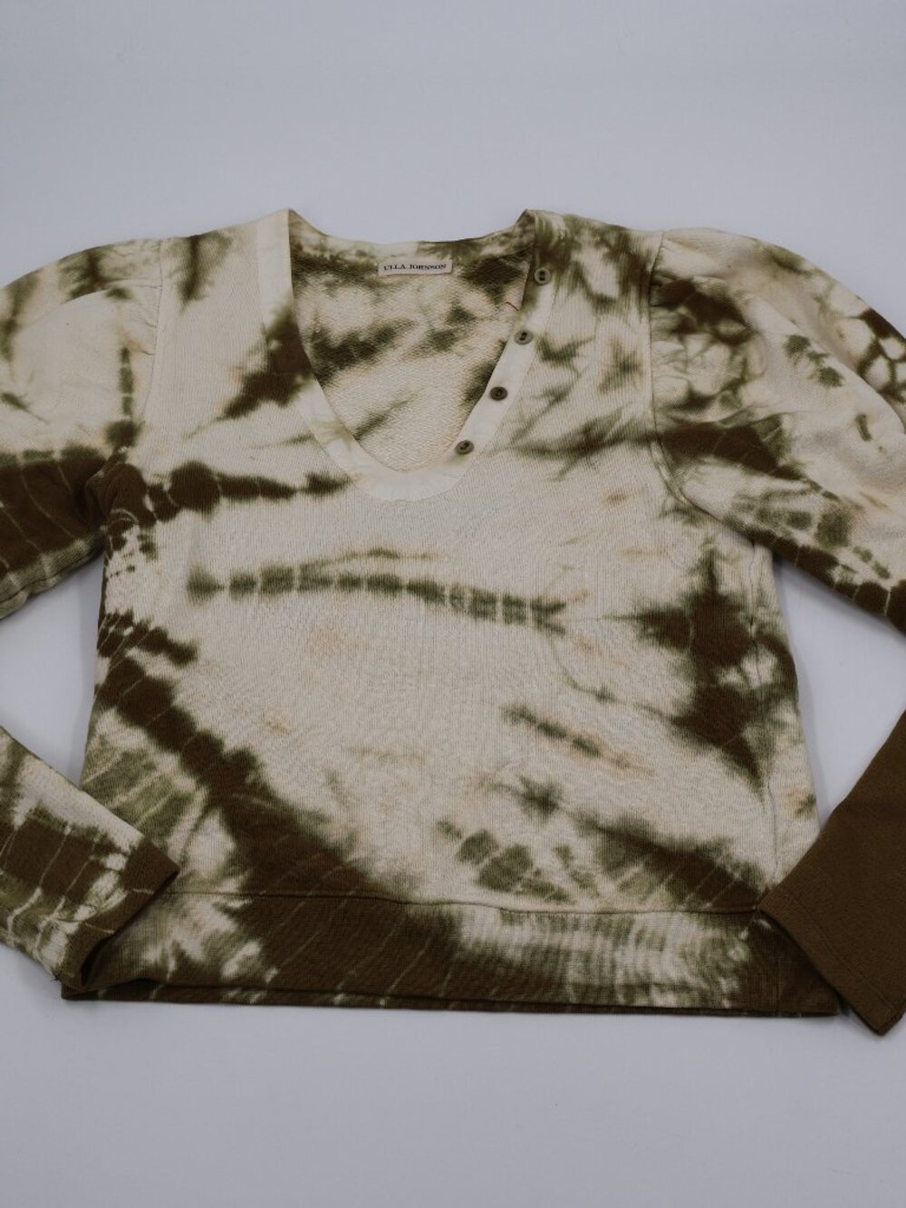 Ulla Johnson Tie Dye Puff Sleeve Sweatshirt Womens Small Green V-Neck Cotton